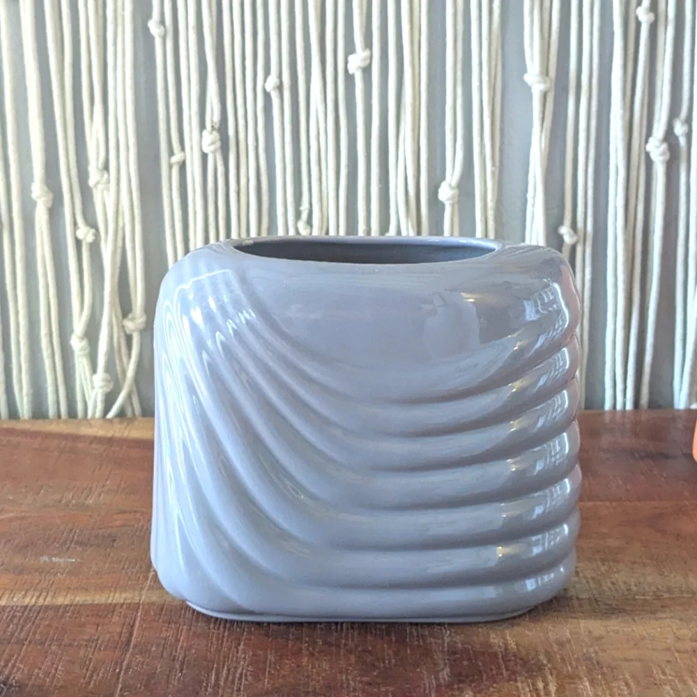 1980s Contemporary Gray Square Ceramic Vase / Accent Piece Raised Stripe Design